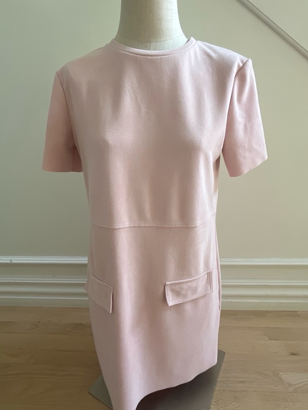 Zara Pale Pink Faux Suede Mini Shift Dress with Flap Pockets